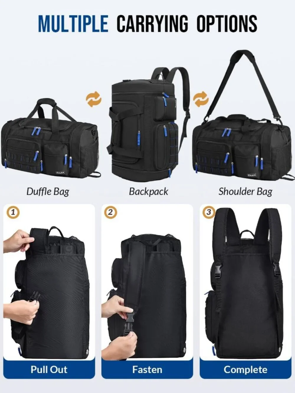 Versatile 3-in-1 Sports Travel Duffel Gym Bag, 39L, Black - Perfect for Men